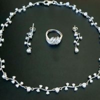 Стилни колие, обеци и пръстен от сребро 925 и камъни цирконий, снимка 2 - Колиета, медальони, синджири - 41266405