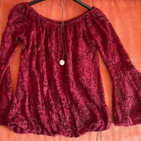 Дамска свободна червена дантелена блуза с широки ръкави , снимка 1 - Блузи с дълъг ръкав и пуловери - 39734174