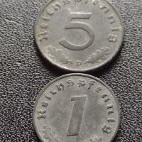 Две монети 1 райхспфенинг 1941г. / 5 райхспфенинг 1941г. Трети райх с СХВАСТИКА редки 25222, снимка 1 - Нумизматика и бонистика - 40639826