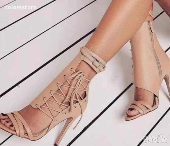 Летни боти на ток - бежова кожа - FM21, снимка 1