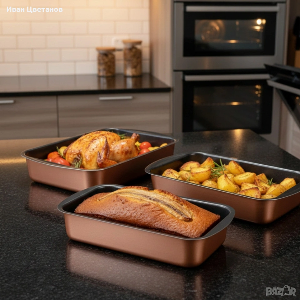 Комплект от 3 тави за печене Cheffinger с незалепващо покритие – различни размери, меден цвят, снимка 1