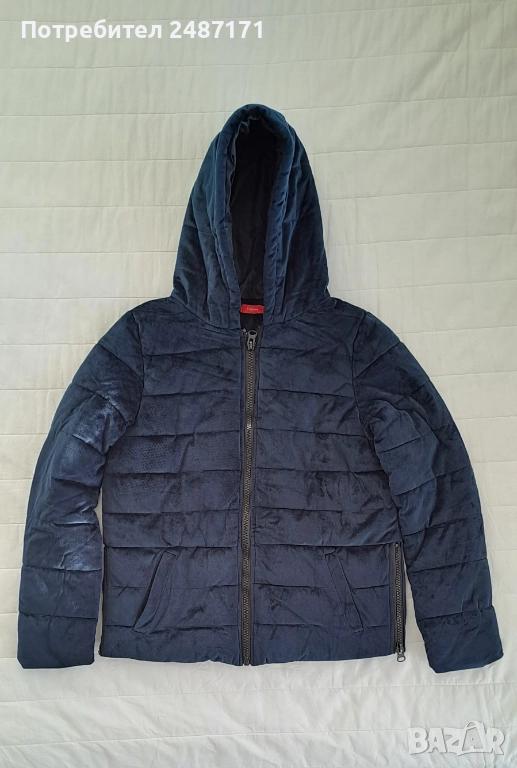 Тъмно синьо кадифено топло дамско яке с качулка, снимка 1