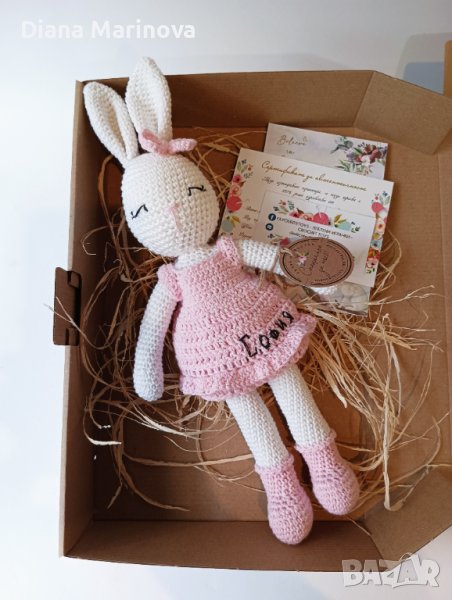 Плетено зайче, играчка ръчна изработка, подарък за момиче, зайче с рокля, снимка 1