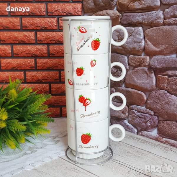 2769 Комплект керамични чаши на метална стойка Sweet Strawberry, снимка 1