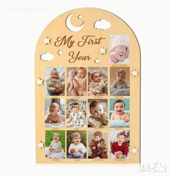 Дървена рамка за снимки - Моята първа година / месеци за бебе дете, снимка 1