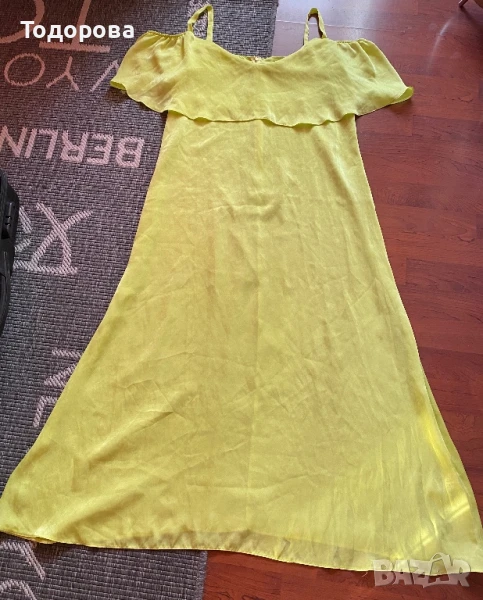 Ярка жълто-зелена рокля, с презрамки и волан, снимка 1