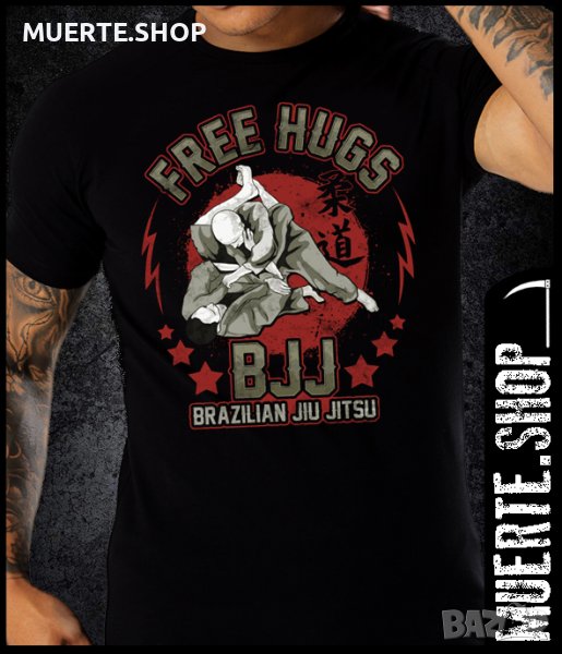 Черна тениска с щампа JIU JITSU FREE HUGS, снимка 1