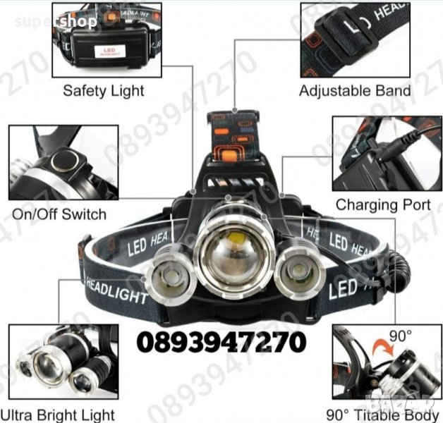 Мощен LED фенер - челник за глава с акумулаторни батерии и 3 LED диода, снимка 1