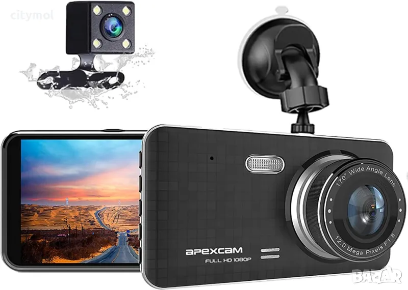 Apexcam Dash Cam 1080P Full HD 4" IPS предна и задна камера, 170°, G-сензор, WDR, снимка 1