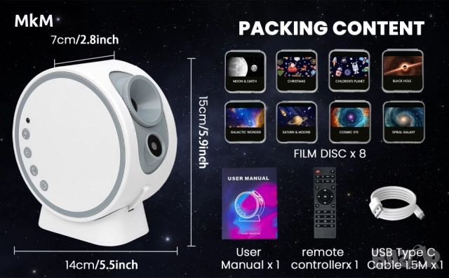 HD планетариумен проектор със звезди, MERTTURM Galaxy Star с 8 диска, снимка 8 - Плейъри, домашно кино, прожектори - 52449521