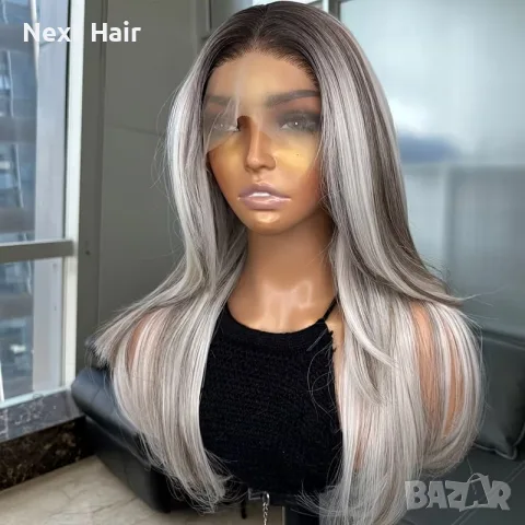 Елегантна сребристо руса перука с тъмни корени - 13×4 Lace Front