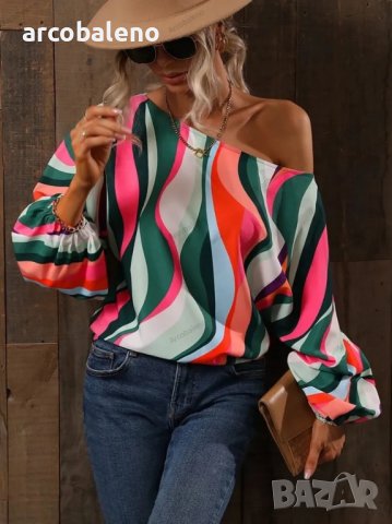 Дамска блуза с щампа и едно рамо с широк ръкав с балон, 7цвята - 023, снимка 8 - Блузи с дълъг ръкав и пуловери - 40171643