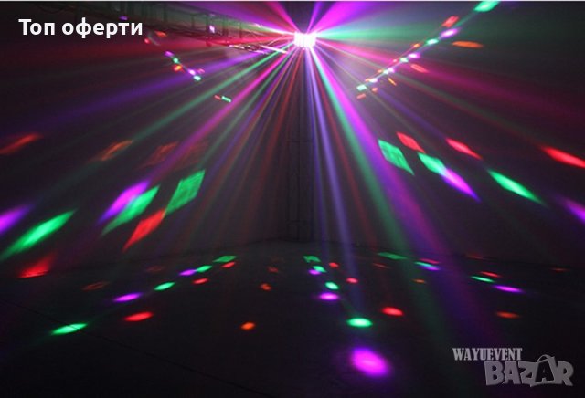 Мощна LED лазерна светкавица диско двойна пеперуда светлина мини дерби клубно парти led ефект DMX512, снимка 9 - Други - 41748943
