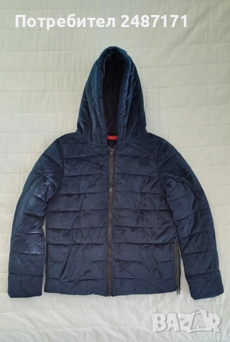 Тъмно синьо кадифено топло дамско яке с качулка