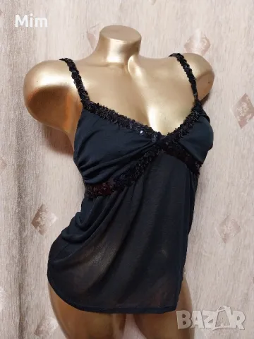 S/ M Черен топ от еластичен прозрачен тюл и пайети 