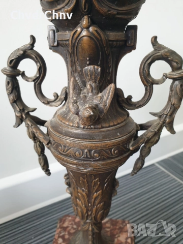 Франция 1800-те/37см-4кг/стара френска метална ваза ЦАМ-бронз-розов мрамор, снимка 7 - Антикварни и старинни предмети - 52840418