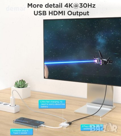 USB C към HDMI адаптер, Тип С към HDMI 1080P 4K конвертор (съвместим с Thunderbolt 3), снимка 6 - Кабели и адаптери - 44217692
