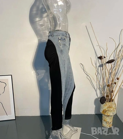 Модни Дамски Джинси Оригинални Корейски Дънки Висока Талия Пачуърк Вталени Разтегаем Модел на MUGLER, снимка 4 - Дънки - 46660616