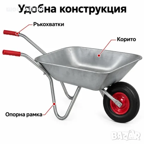 Градинска количка с метално корито и червени ръкохватки, снимка 4 - Градински инструменти - 56116137