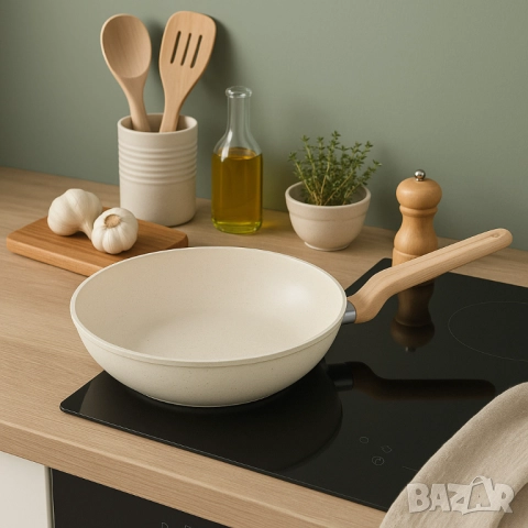 Тиган Уок Voltz Nice, 30x8.5см., Кован алуминий, Мраморно покр., Индукция, Кремав меланж, снимка 3 - Съдове за готвене - 52138260