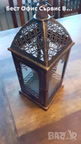 фенер метален ретро антикварен, за свещ кандило и други, метал състарено злато и стъкла