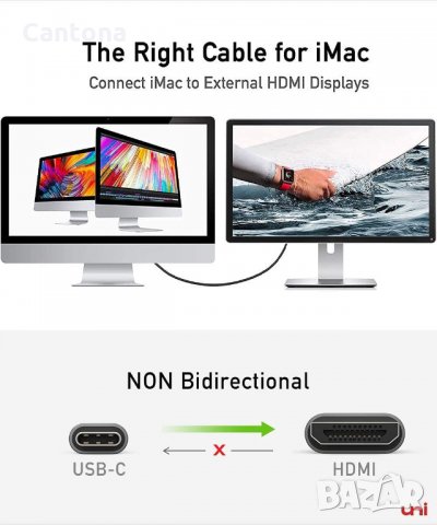 uni USB C към HDMI кабел (4K @ 60Hz), USB Type C Thunderbolt 3 към HDMI кабел -100 см, снимка 4 - Други - 35677857