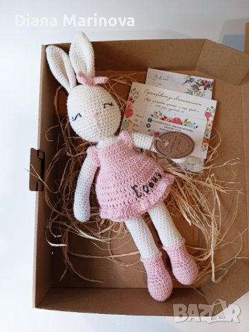 Плетено зайче, играчка ръчна изработка, подарък за момиче, зайче с рокля, снимка 1 - Други - 41480569