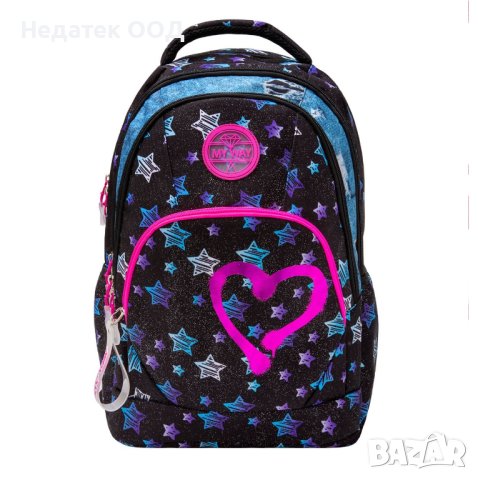 Ученическа раница с колелца, Звезди/ сърце, 36x16x46 см, Черна