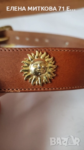Кафяв колан от дебела естествена кожа и масивна метална тока и декорация в златисто, снимка 4 - Колани - 53738531