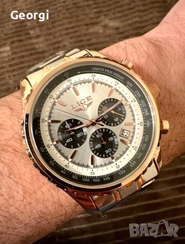 Мъжки класически, луксозен хронограф LIGE *Елегант* Аристократично златист металик !, снимка 11 - Мъжки - 49621415
