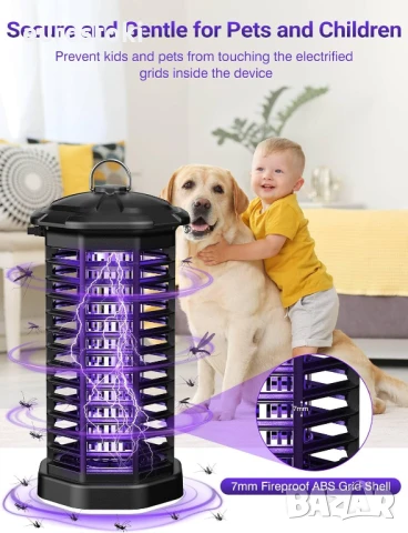 Електрически убиец на насекоми Meoligr, 2 в 1, UV лампа за комари 4200 V с LED светлина, безвкусен 