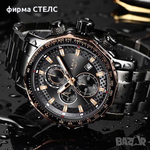 Мъжки часовник Lige, Хронограф, Водоустойчив, Неръждаема стомана, Черен / Златист , снимка 5 - Мъжки - 41686361