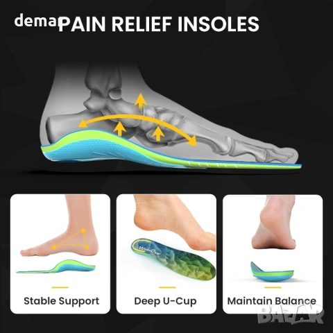 Стелки за висока поддръжка на свода за плантарен фасциит - 2 чифта стелки (M, зелени), снимка 3 - Други - 53657602