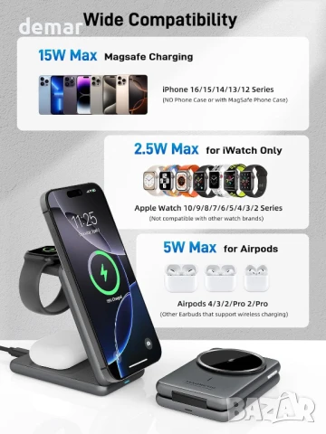 Безжична зарядна станция за Mag-Safe Charger 3 в 1, сгъваема, снимка 2 - Безжични зарядни - 50595571