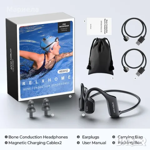 Слушалки с костна проводимост, Bluetooth 5.3 ; 32GB Памет / IP68 / Слушалки за плуване