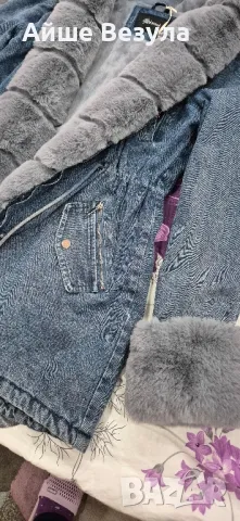 Дънкова парка сив еко пух свалящ се Размер L леко умалено става за М, снимка 6 - Якета - 48481371