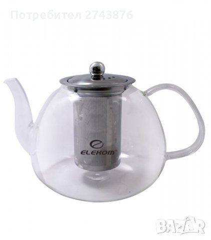 Стъклен огнеупорен чайник с цедка Елеком ЕК-ТР1200-1200мл