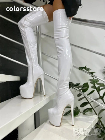 Чизми на ток - бял лак - GSB3, снимка 3 - Дамски ботуши - 37756932