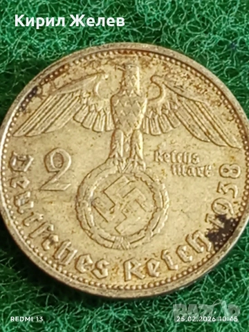 Сребърна монета 2 райхсмарки 1938г. Германия Трети Райх с Свастика за КОЛЕКЦИОНЕРИ 27986