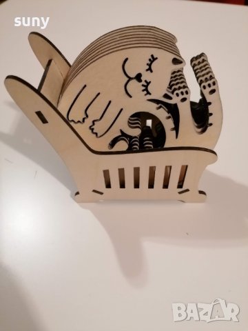 Дървени подложки за чаши коте 8 бр с поставка, снимка 2 - Чаши - 40172403