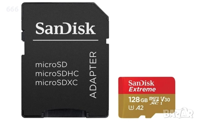 Карта памет SanDisk - Extreme PRO, 128GB, microSDXC, Class10 + адаптер, снимка 2 - Друга електроника - 51595247