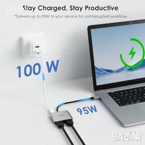WAVLINK USB-C към два HDMI адаптер с 100 W PD, снимка 5 - Кабели и адаптери - 55775996