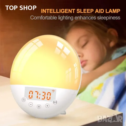 WiFi Интелигентен FM радио- часовник 7 цвята Симулация на изгрев/залез с Alexa Google Home, снимка 2 - Други - 48668216