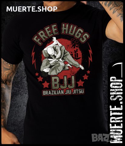 Черна тениска с щампа JIU JITSU FREE HUGS, снимка 1
