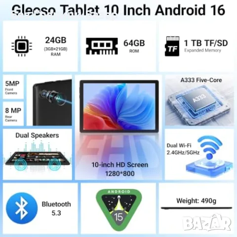 Нов Таблет Gleeso 10" Android 16 24GB RAM 64GB WiFi 6 6000mAh Черен, снимка 2 - Таблети - 55955117