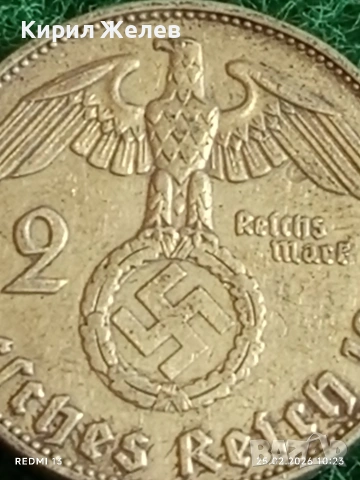 Сребърна монета 2 райхсмарки 1937г. Германия Трети Райх с Свастика за КОЛЕКЦИОНЕРИ 52633, снимка 3 - Нумизматика и бонистика - 53614999