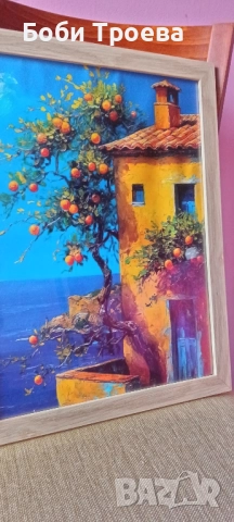 Ретро Модерен Платно Постер, Морска Къща с Портокалово Дърво, снимка 2 - Картини - 52051031
