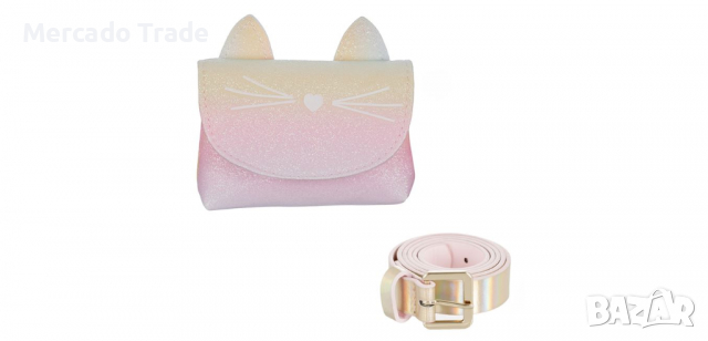 Детски розов холографски колан с чанта на коте