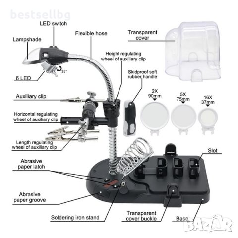 Увеличителна настолна лупа LED осветление трета ръка запояване платки, снимка 3 - Поялници и запояване - 35890397