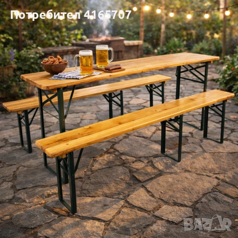 Сгъваем комплект градинска маса с 2 пейки - От чамово дърво, с отвор за чадър, снимка 6 - Градински мебели, декорация  - 53525520
